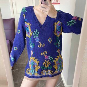 Vintage Floral Silk Blend Sweater: Oversized Multicolor V-Neck Pullover